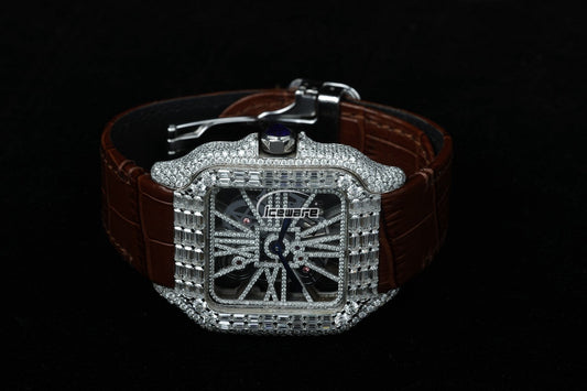 Brown Leather Strap Vvs Billing Diamond Watch