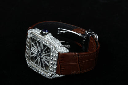 Brown Leather Strap Vvs Billing Diamond Watch