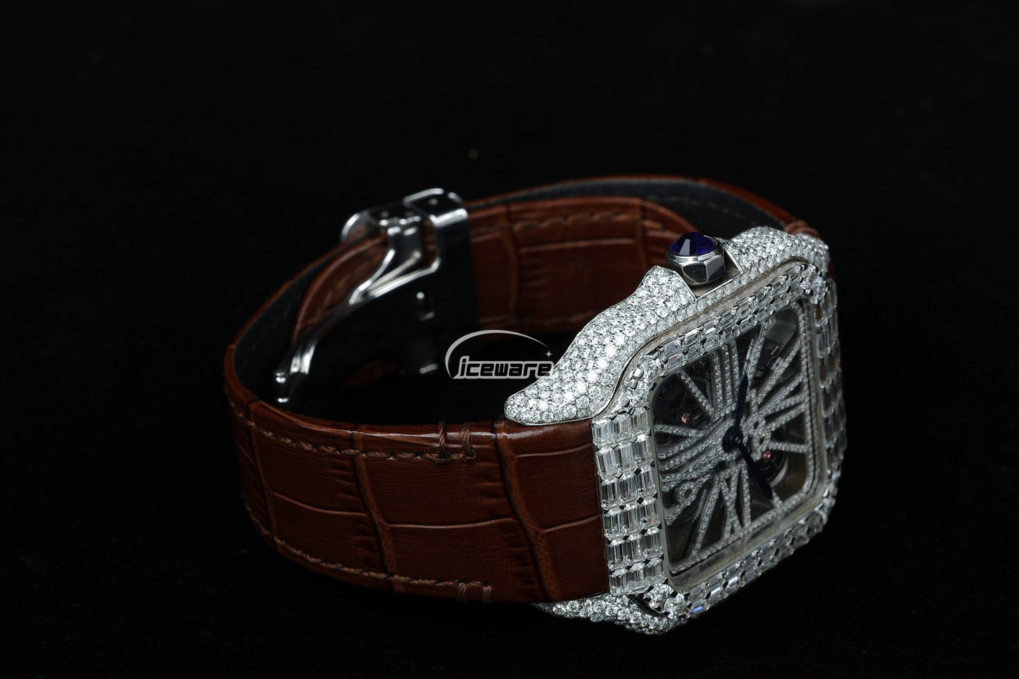 Brown Leather Strap Vvs Billing Diamond Watch